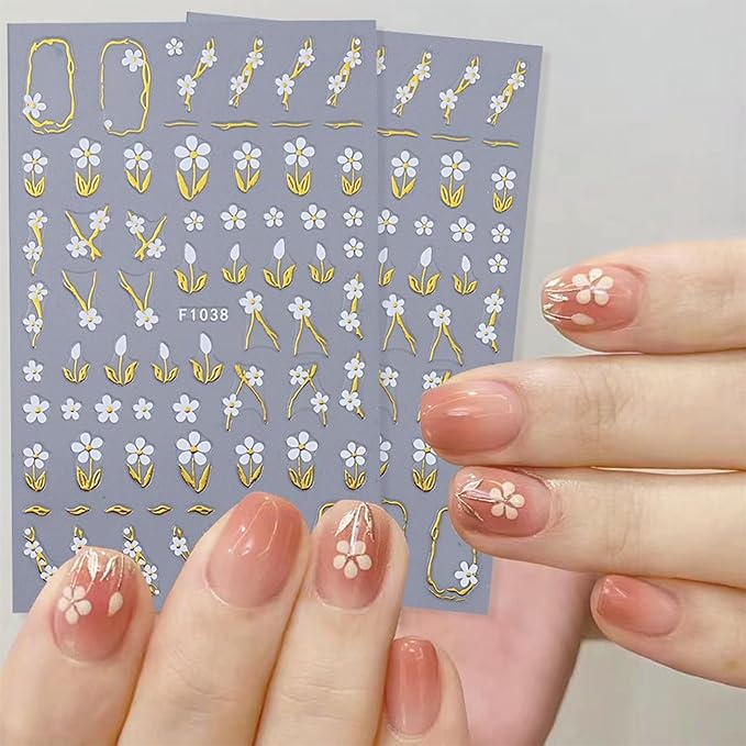 8 Sheets Gold Flower Nail Stickers - 3D Self-Adhesive Leaf Art Decals for Spring Designs - Manicure Decorations for Women, Style8