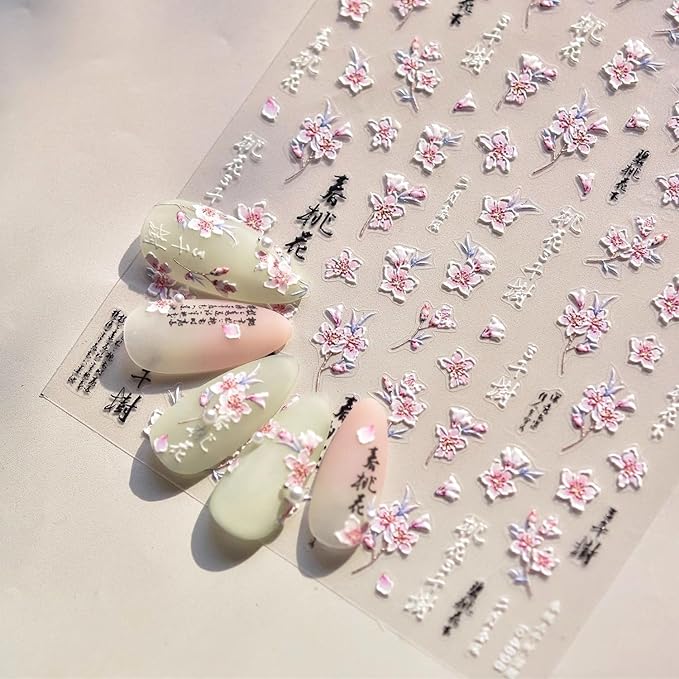 Flower Nail Art Stickers 5D Embossed Spring Nail Stickers for Nail Art White Pink Flower Nail Decals Summer Floral Nail Supplies Self Adhesive Manicure Decoration for Women Girls