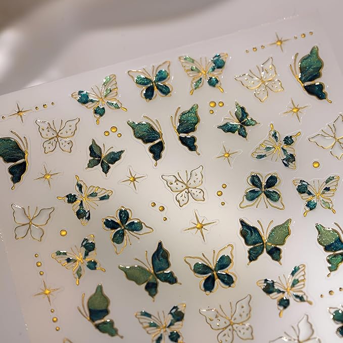 Green Butterfly Nail Stickers for Nail Art 5D Embossed Nail Decals Gold Butterfly Nail Art Stickers Cute Nail Supplies for DIY Manicure Self Adhesive Nails Design for Women