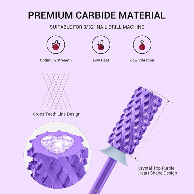 MelodySusie Large Barrel 3/32'' Tungsten Carbide Nail Drill Bit, Crystal Top Purple Heart Shape, Fast Remove Acrylic Gel, Cuticle Gel Polishing for Manicure Pedicure, Purple, Series Bit-S, 4XC
