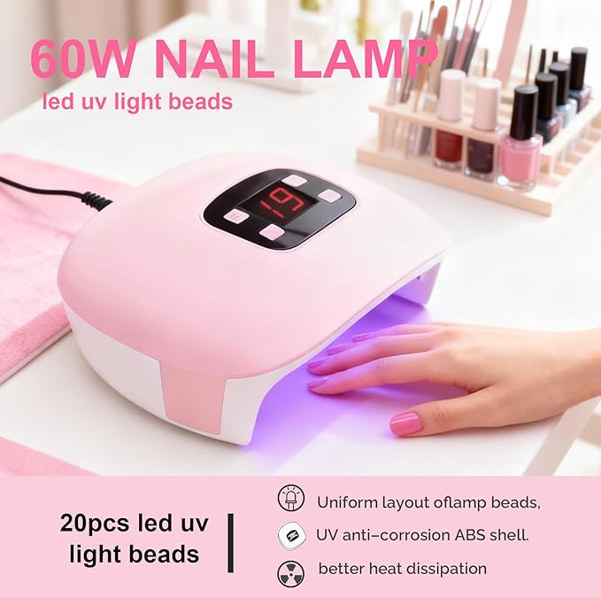 60W Mini UV LED Nail Lamp, 20 Beads Fast Curing Gel Polish Dryer with 4 Timers (30s/60s/90s/Constant On) & USB Port, Compact Professional Manicure Tool for Home Salon Travel
