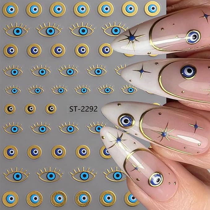 6Pcs Eye Nail Stickers Decals 3D Self Adhesive Goth Nails Decals Gold Silver Sun Star Nail Art Stickers Metallic Snake Nails Art Supplies Horror Eye Gothic Design Sticker for Women Manicure Decoration