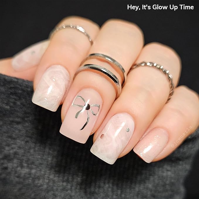 Heyhae Semi Cured Gel Nail Strips | No LED Lamp Needed | Glitter, Pink, Spring | Easy Apply & Remove, Salon Quality | Includes 28 Strips, 1 Prep Pads, Nail File & Wooden stick - Hey, It's Glow Up Time