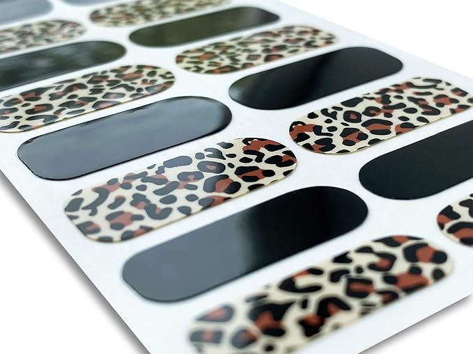 | 20 Exquisite Gel Nail Polish Strips w/Application Accessories - No UV/LED Lamp Required (Black & Leopard)