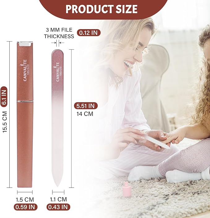 CANVALITE Glass Nail Files for Natural Nails - Double Sided 180/320 Grit Crystal Glass File with Case, Gentle Emery Boards for Damaged Nails, Stocking Stuffers for Women (Rose Gold)