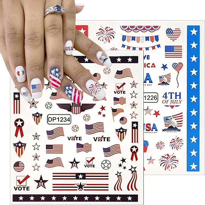 5 Sheets July 4th Nail Art Stickers 3D Self Adhesive American Flag I Love America Nail Decals Memorial Day for Women Nail Art Decoration