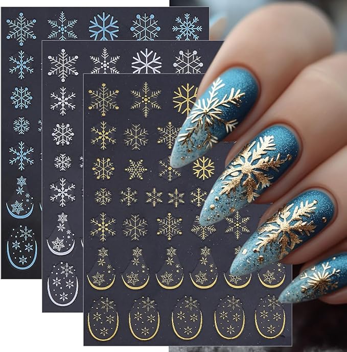 Christmas Nail Art Stickers 6 Pcs Snowflake Nail Stickers 3D Self-Adhesive Winter Nails Decals Blue Gold White Snowflake Nails Designs Stickers Holiday Nails Supplies for Women Xmas DIY Manicure Decor
