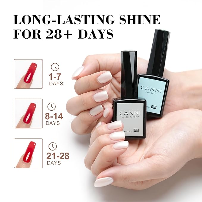 CANNI 2 Pcs No Wipe Gel Top Coat and Base Coat Set- High Gloss Shiny Long Lasting Base Top Coat Gel Nail Polish, Soak Off Nail Art Home and Professional Manicure