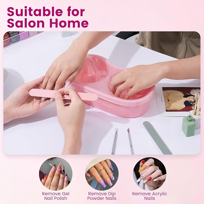 Dual Nail Soaking Bowl Acetone Proof: 2-in-1 Dip Powder Gel Nail Polish Remover Soak off Bowl for Women - Time-Saving Acrylic Nail Remover Kit for Home Salon (Big Size, Rose)
