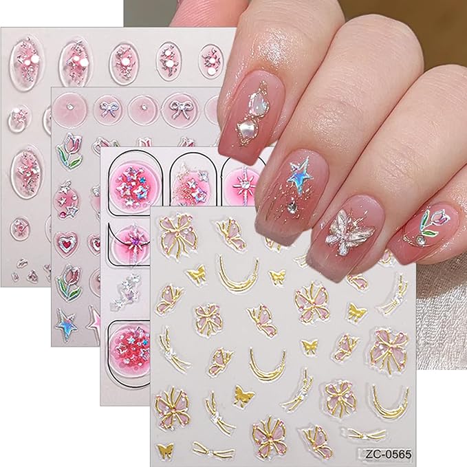 Cute Nail Art Stickers 3D Pink Tulip Flower Nails Decals Glitter Heart Bow Star Nail Stickers Gold Line Butterfly Nails Art Design Sticker Gradient Pink Manicure Supplies Decorations for Women 4Pcs