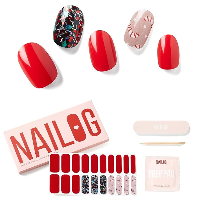 NAILOG Semi Cured Gel Nail Strips (20 Extra Long Stickers/Wraps) | Buy 2 Get 1 UV Lamp| Glossy & Long Lasting Soft Gel Finishing, Dazzling Night