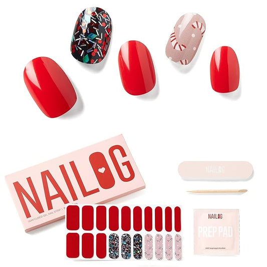 NAILOG Semi Cured Gel Nail Strips (20 Extra Long Stickers/Wraps) | Buy 2 Get 1 UV Lamp| Glossy & Long Lasting Soft Gel Finishing, Dazzling Night