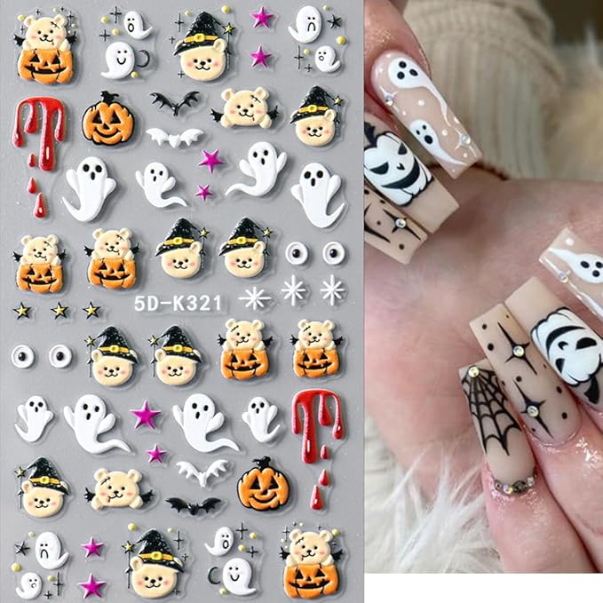 3 Sheets Halloween Nail Stickers 5D Embossed Cute Ghost Nail Art Stickers Self Adhesive Black Cat Spider Web Bat Pumpkin Nails Design Decals Halloween Nails Sticker for Women DIY Manicure Decoration