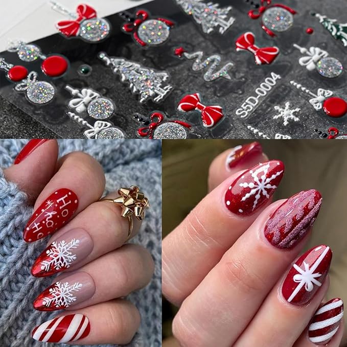 5 Sheets Christmas 5D Embossed Nail Art Stickers Gold Silver Glitter Nail Decals Self Adhesive Snowman Elk Gift Nail Design Stickers Snowflake Nail Stickers Winter Xmas Nail Art Supplies for Women DIY