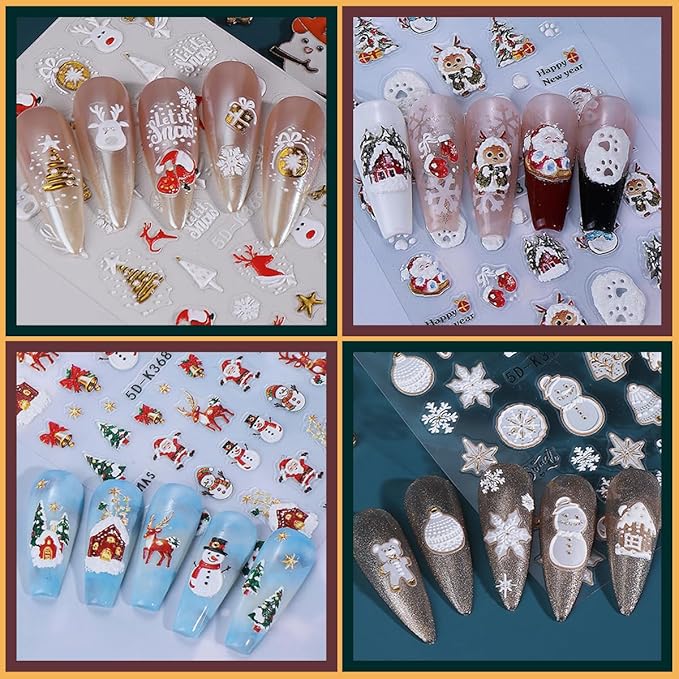4 Sheets 5D Embossed Christmas Nail Art Stickers Decals Cute Xmas Elk Snowman Snowflakes Nail Stickers Christmas Tree Santa Claus Reindeer Nail Decals for Women DIY Manicure Winter Holiday Nail Decor