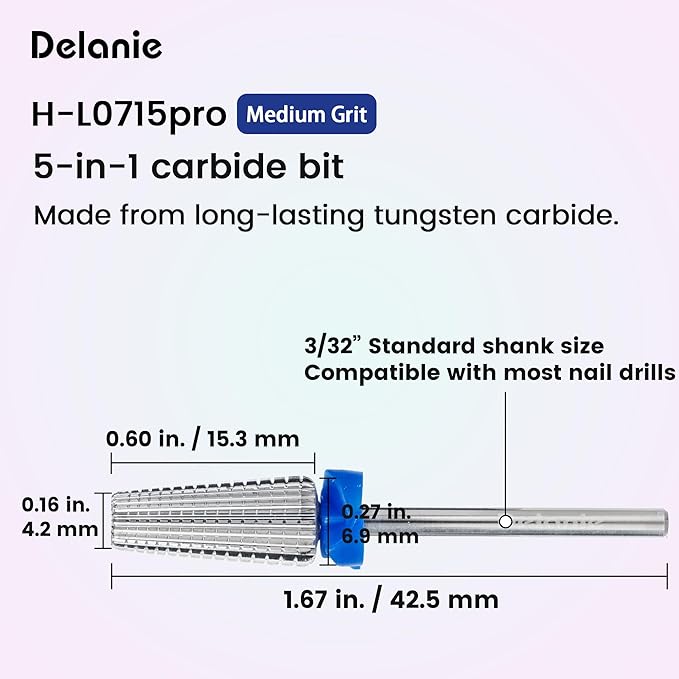 Delanie 5-in-1 Carbide Nail Drill Bit for Professional Nail Tech, 3/32", Medium Grit