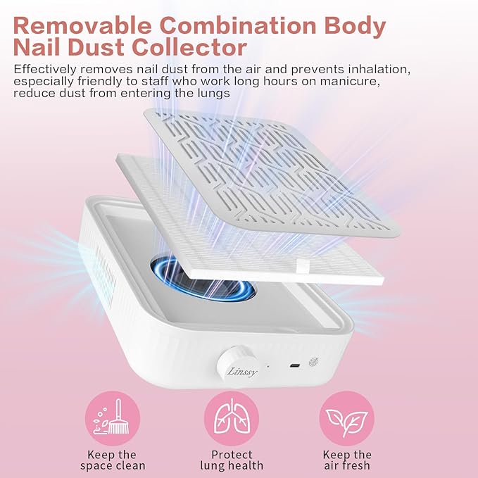 Nail Dust Collector, Rechargeable & Cordless Dust Collector for Nail Tech with Reusable HEPA Filter, Extractor Dust Suction Machine for Acrylic Nails Polishing at Nail Salon & Home Use