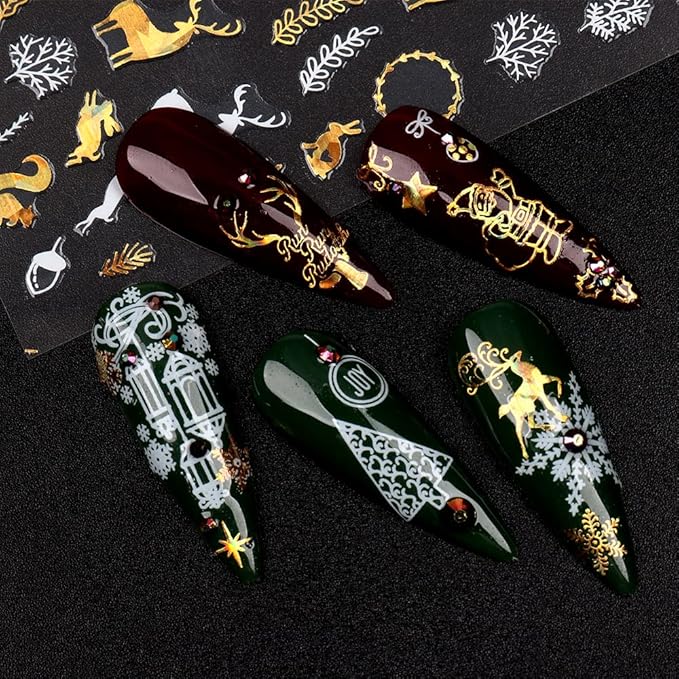9 Sheets Christmas Nail Art Stickers Decals Self-Adhesive Pegatinas Uñas Gold White Nail Supplies Nail Art Design Decoration Accessories