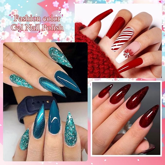MEET ACROSS Christmas Gel Nail Polish Set, 8 Colors Red Sparkle Green Glitter Gold Silver Winter Gel Polish Dark Green Dark Red Gel Polish Kit Soak Off Nail Lamp Uv LED Nail Art Design for Women