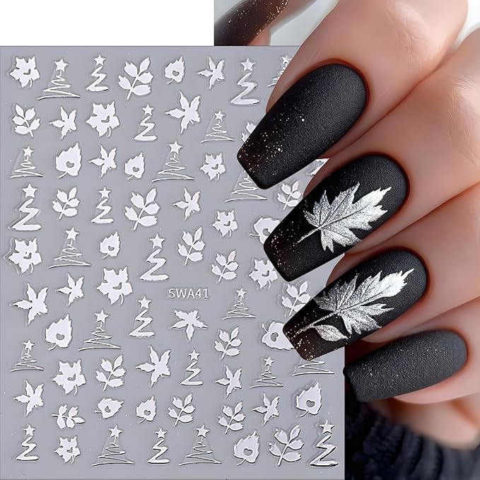 Fall Maple Leaves Nail Art Stickers for Thanksgiving, Gold Silver Maple Leaves Nail Decals 3D Self-Adhesive with Flowers Leaf Design 6Pcs Fall Glitter Nail Art Supplies for Women Nail Decoration