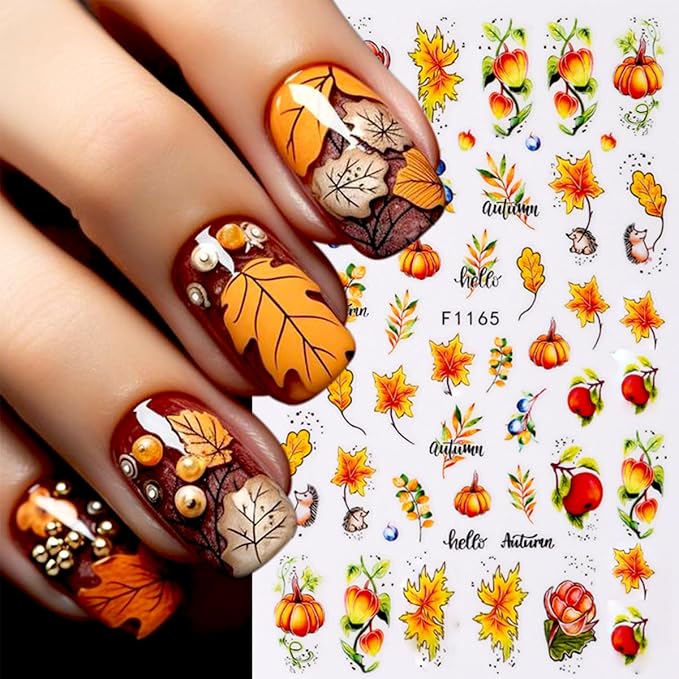 6 Sheets Fall Nail Stickers for Nail Art Thanksgiving Maple Leaf Nail Art Stickers Decals Autumn Pumpkins Mushroom Nails Decorations 3D Self-Adhesive Maple Leaves Nails Design Stickers for Women Decor