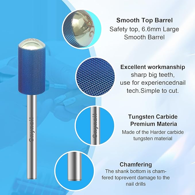 3/32" Large Barrel Smooth Round Top Tungsten Carbide Nail Drill Bit Safety Bit for Gel & Acrylic Removal, 2-Way Rotating Efile Tip, Salon Electric File Accessory (XXF Grit, Blue)