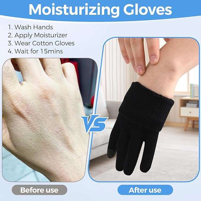 Donfri 6 Pairs Cotton Moisturizing Gloves Men Touchscreen Fingers for Eczema Dry Hands Hand Care Overnight Moisturizing (Medium-Black)