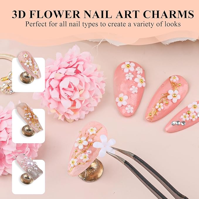 4 Boxes 3D Flower Nail Charms and Gems - White Nail Flower Charms Crystal AB Clear Gemstones Silver/Gold Caviar Beads White/AB Pearls for Women DIY Manicure Crafts (17-S4-White)