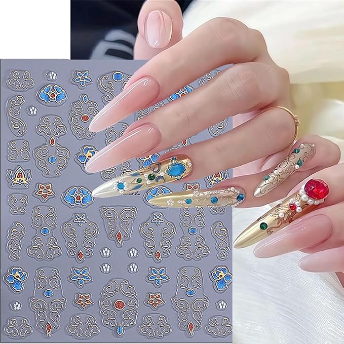 3 Sheets Bohemian Nail Stickers 5D Embossed Vintage Dunhuang Nail Decals Chinese Style Nationality Gems Flower Nail Art Stickers Bronzing Nail Design Supplies for Women DIY Luxury Manicure