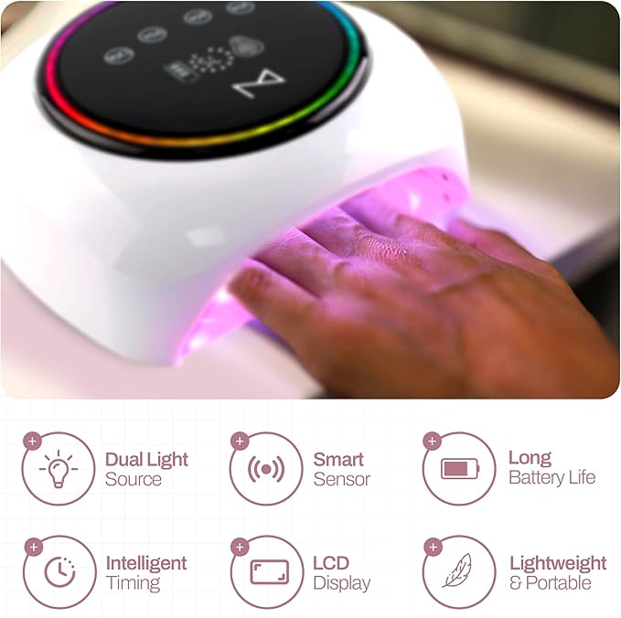 M - HaloLite LED Nail Curing Lamp 98W, 32 LEDs, Wireless Rechargeable with 5200mAh Battery, Fast UV/LED Gel Nail Dryer for Salon & Home Use, Long-Lasting, Portable, Cordless Design (White)