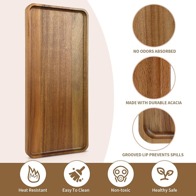 2 pcs15.7" x 7" Large Solid Acacia Wood Serving Tray Rectangular Wooden Serving - Image 3
