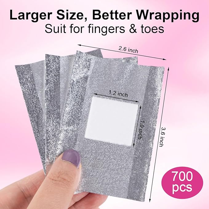 700 Pcs Nail Foil Nail Wraps with Pre-Attached Lint-Free Cotton Pads, Non Acetone Soak Off Nail Polish Remover Kit for Home Professional