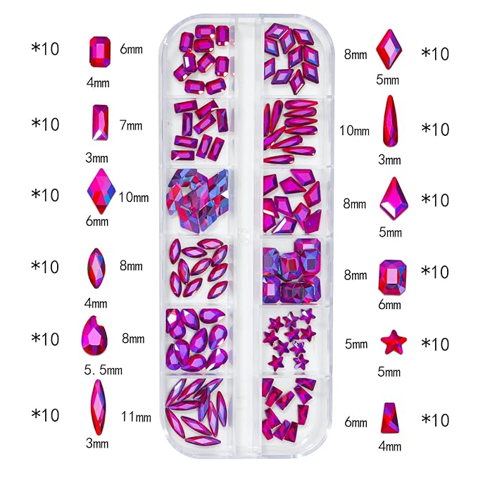 HNUIX Nail Rhinestones - 3D Multi Shape Size, Crystal AB Red Nail Gems, Flat Back, with Kit, for Nail Art, DIY Decorations