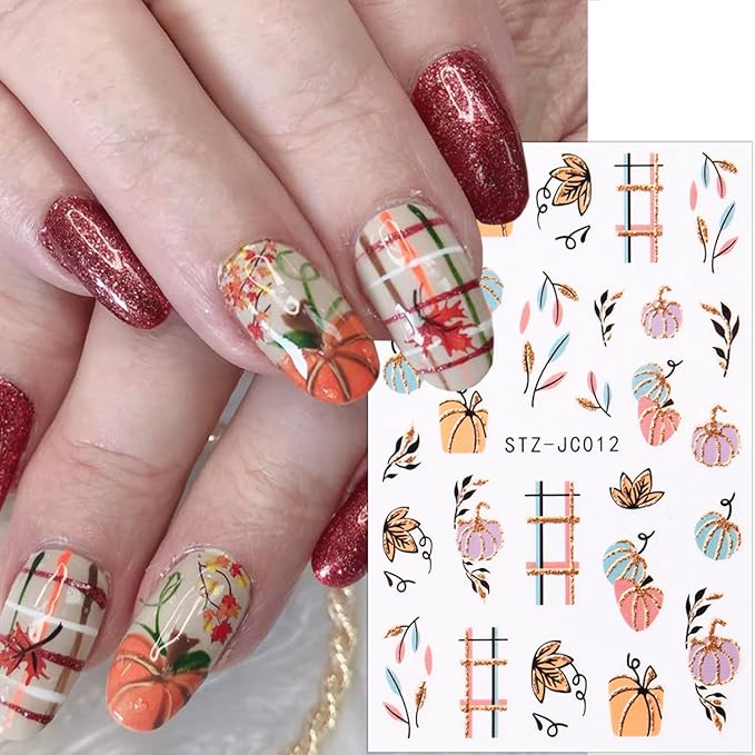 6 Sheets Fall Nail Stickers for Nail Art Orange Red Maple Leaves Nail Art Stickers Glitter Thanksgiving Pumpkin Nail Decals 3D Self-Adhesive Autumn Maple Leaf Nail Decoration for Women