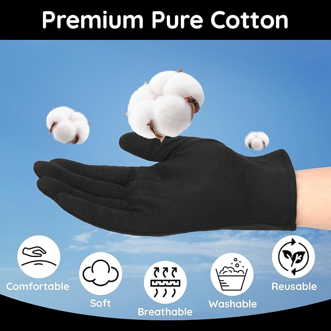 Segbeauty 12 Counts Black Lotion Cotton Gloves Women for Dry Hands Overnight, 6 Pairs Moisturizing Hand Cotton Gloves for Men, Reusable Spa Moisture Glove for Working, Soft Sleep Lotion Glove Medium