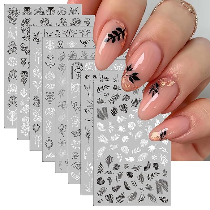 8 Sheets Flower Vintage Vine Nail Stickers, 3D Self-Adhesive Vintage Flower Pattern Nail Decals Black and White Leaf Flowers Nail Design Butterfly Pegatinas Uñas for Women Girls Nail Art Decoration