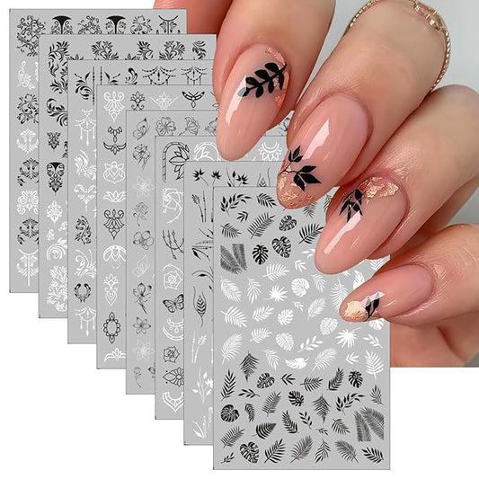 8 Sheets Flower Vintage Vine Nail Stickers, 3D Self-Adhesive Vintage Flower Pattern Nail Decals Black and White Leaf Flowers Nail Design Butterfly Pegatinas Uñas for Women Girls Nail Art Decoration
