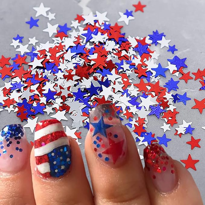 12 Grids Stars Nail Art Glitter Sequins 3D Holographic Nail Glitter Flakes Design Independence Day Acrylic Nail Sequins America 4th of July Star Nail Sequins for Women Girls Decorations