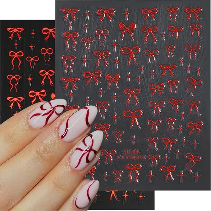6Sheets Bow Nail Stickers for Nail Art Glitter Red Gold Bows Nail Decals Aurora Cute Nail Art Stickers 3D Self Adhesive Nails Design Charms Supplies for Women Girls Manicure Decorations