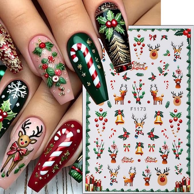 6Pcs Christmas Nail Stickers 3D Christmas Tree Elk Snowman Nail Stickers for Nail Art DIY Self Adhesive Nail Decals Red Fruit Cute Nail Decoration Supplies Holiday Manicure Accessories for Women