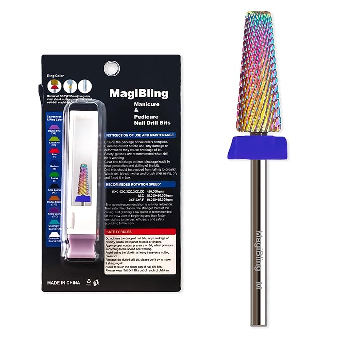 M 5 in 1 Nail Drill Bits, 16mm Tapered 3/32'' Professional Tungsten Carbide Bits for Efile, 2 Rotation for Electric Drill, Remove Thick & Soft Gel Fast, Manicure Cuticle Polishing, Techs Bits, Medium.