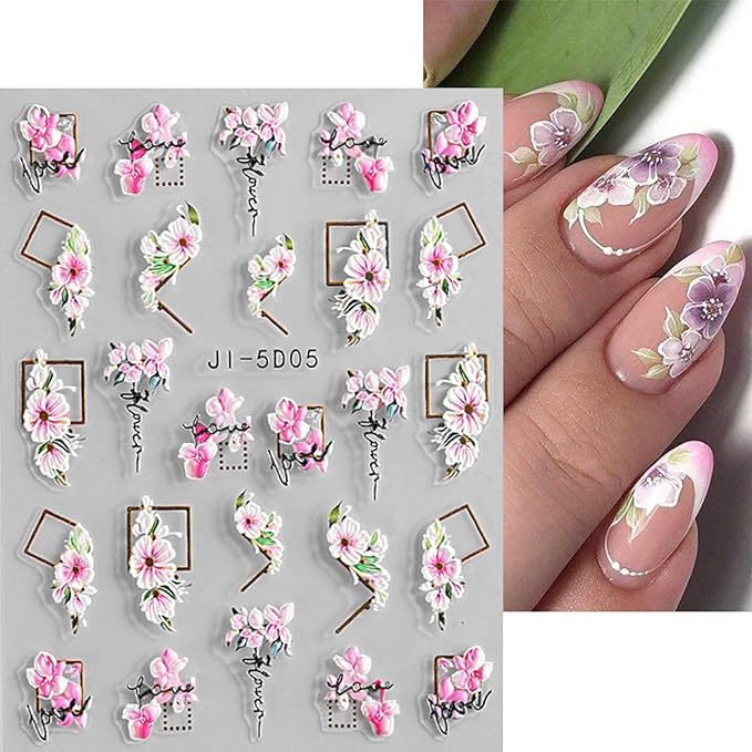 JMEOWIO 3D Embossed Spring Flower Nail Art Stickers Decals Self-Adhesive Pegatinas Uñas 5D Colorful Summer Floral Nail Supplies Nail Art Design Decoration Accessories 4 Sheets