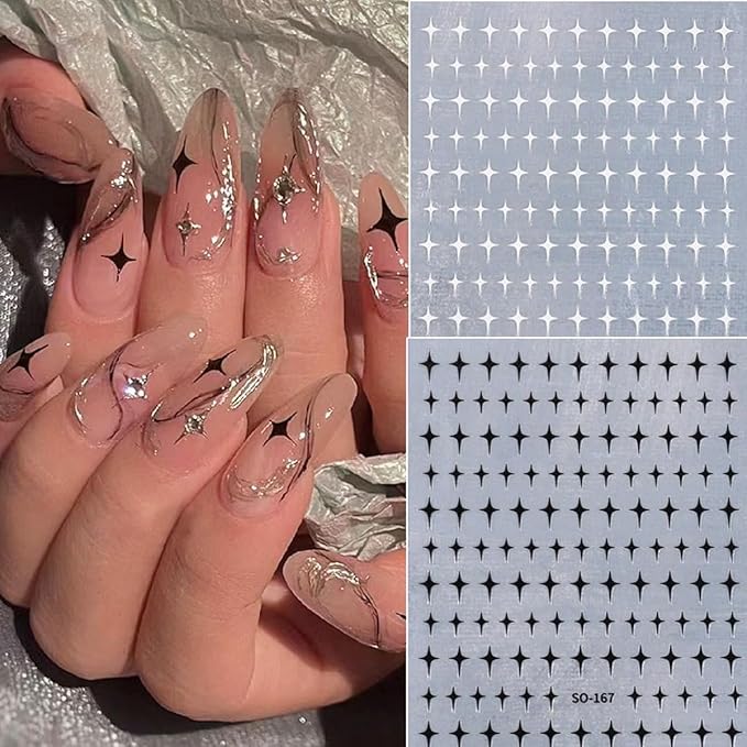 8Sheets Shiny Glossychic Stars Nail Stickers 3D Glitter Gold Black White Starshine Cross Rhinestones Silver Star Design Self-Adhesive Decals Luxury 5D Nail Art Stickers Star Charms Nail Decoration