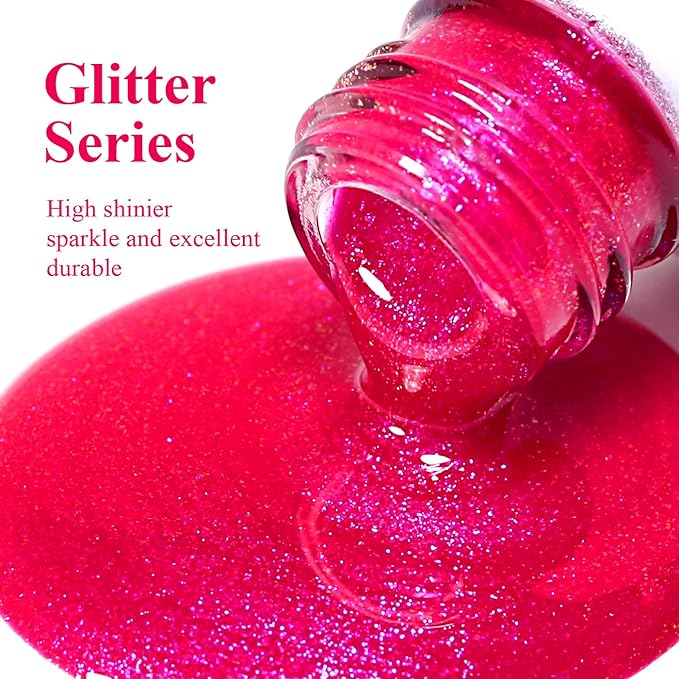 Imtiti Glitter Gel Nail Polish, 15ML Hot Pink Iridescent Glitter Gel Polish Soak Off LED UV Diamond Shimmer Sparkle Nail Gel Polish Fall Winter Manicure Gel Nail Polish Kit