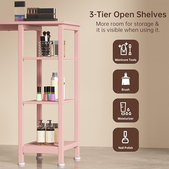 Nail Desk for Nail Tech w/Electric Dust Collector, Manicure Table w/3 Storage Drawers & 3 Open Shelves for Beauty Salon Tech Station