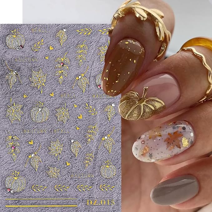 Fall Nail Art Stickers Autumn Maple Leaf Nail Decals with Rhinestone 3PCS Gold Maple Leaves Pumpkin Nails Design Self-Adhesive Fall Nail Stickers for Women Thanksgiving Day Manicure Nails Decoration