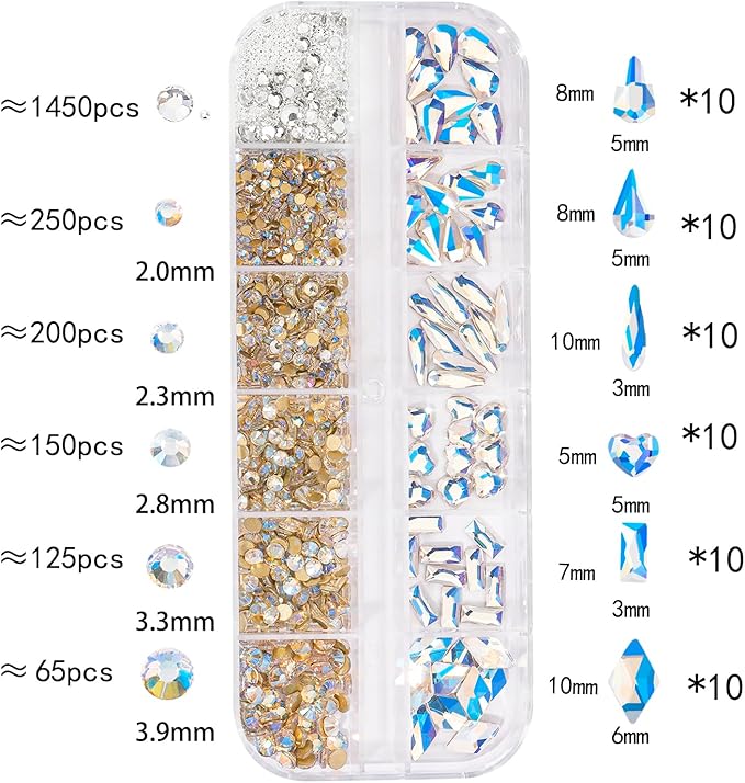 Multi Shapes Blue Moon 3D Glass Crystal Nail Rhinestones Kit Mix 0.8mm Silver Nail Round Beads Charm Flatback Gems 5 Grids Flatback Rhinestones Stone Diamond for Manicure Makeup DIY Decoration