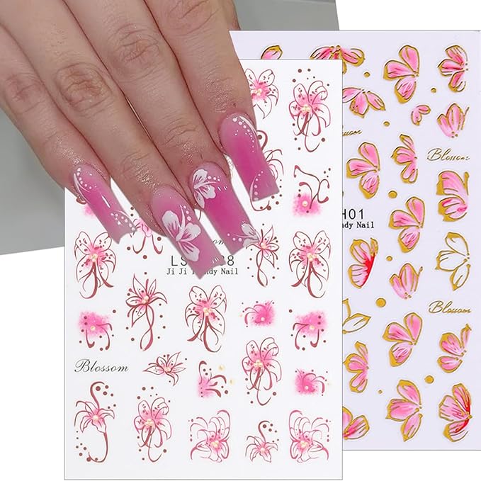 6Sheets Flower Nails Art Stickers Pink Cherry Blossom Nail Decals Butterfly Rose Nail Stickers Spring Summer Floral Design Sticker Cute Lily Flowers Nails Supplies Decorations for Women DIY Manicure