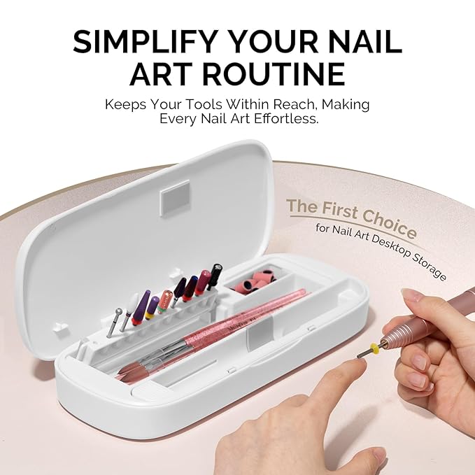 [2025 Upgraded]MelodySusie Acrylic Nail Tool Storage Box,Portable Dustproof Stand Displayer Holder Organizer Container Manicure Efile Accessories Nail Drill Kit Case,Travel Salon Home,White(Only Box)