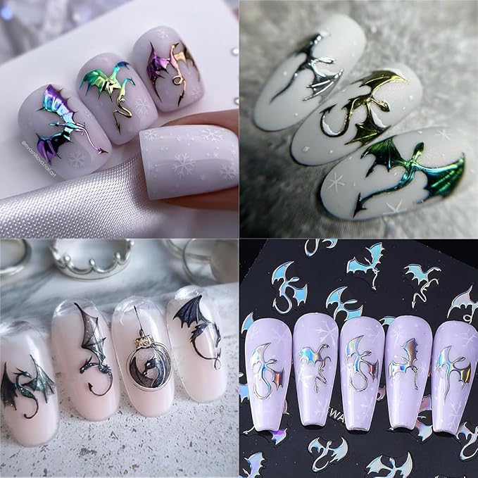 2 Sheets Halloween Dragon Nail Stickers 5D Embossed Laser Gold Silver Nail Art Sticker Horror Bat Dragon Self-Adhesive Design Gothic Nail Decals Nail Supplies for Women Acrylic Manicure Decorations